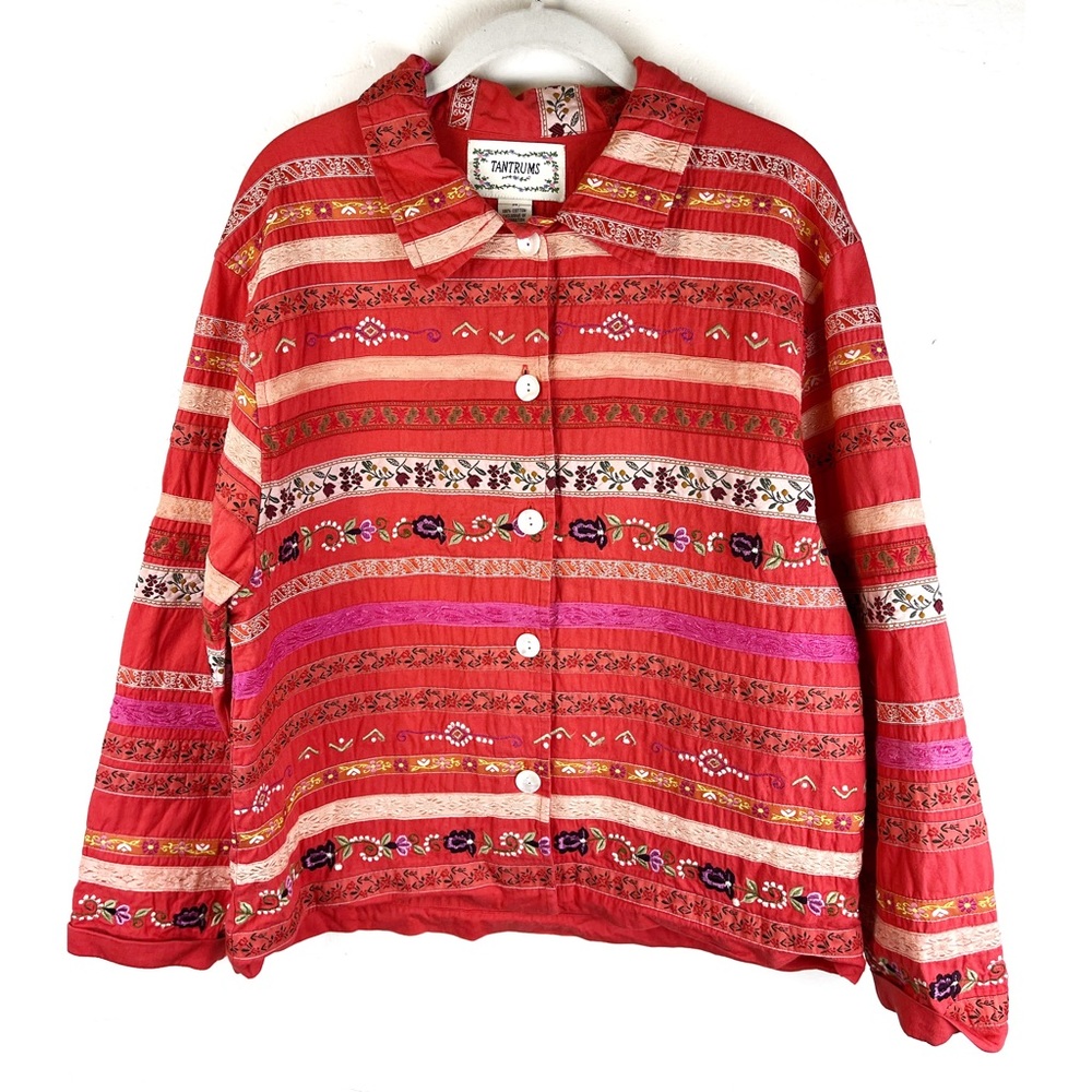 Tantrums Embroidered Jacket M Floral Ribbon Cotton Coral Cottage Core Boho Spani